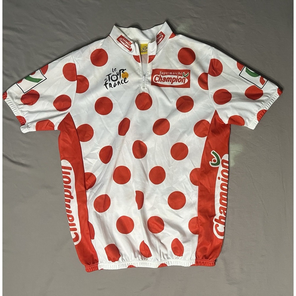 Le Tour de france Cycling Jersey Men's SZ Large Polka Dots Short Sleeve 1/4 Zip